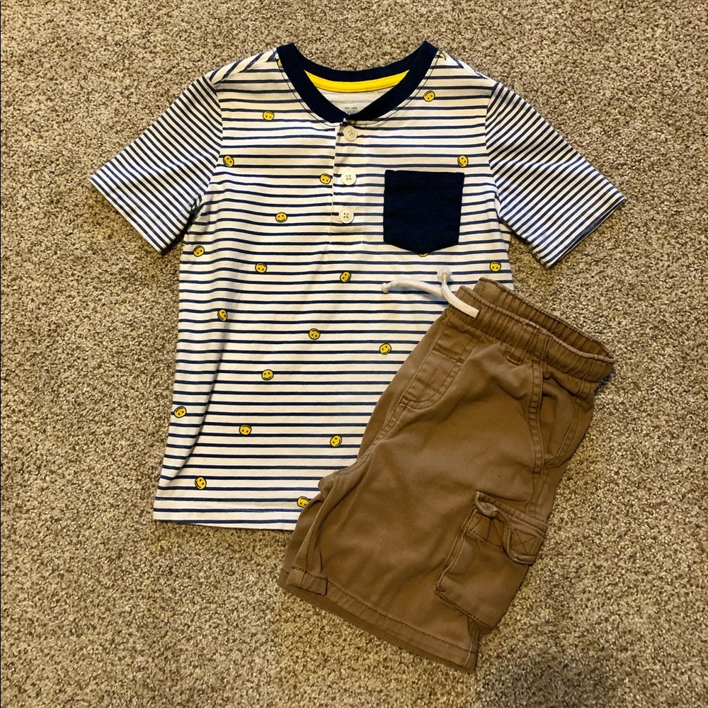 OshKosh size 5T pocket t-shirt. True Craft kaki cargo shorts size 4T